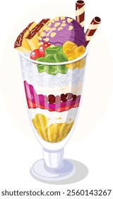 Halo-Halo Filipino Shaved Ice Dessert Glass. Sweetened Banana, Macapuno strings, Sugar Palm Fruit, Ube jam, Red Beans, Coconut Milk, Ube Ice Cream, Wafer Sticks, Jackfruit, Gulaman, Flan and Pinipig