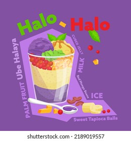 Halo-Halo, traditional shaved Ice. Popular icy dessert from the Philippines with a lot of ingredients mixed together. Delicious sweet summer treat. Editable vector illustration in vivid colours.