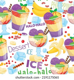 Halo-Halo, traditional shaved Ice. Popular icy dessert from the Philippines with a lot of ingredients mixed together. Seamless pattern. Editable vector illustration in cartoon style.