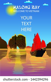 Halong Bay. A beautiful natural wonder in northern Vietnam near the Chinese border. Vector pictures. Design for postcards