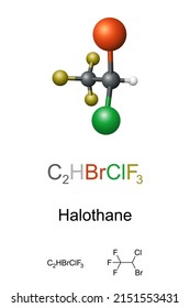 Halothane, ball-and-stick model, molecular and chemical formula. General anaesthetic, given by inhalation, used to induce or maintain anaesthesia. Displaced in many developed nations by newer agents.