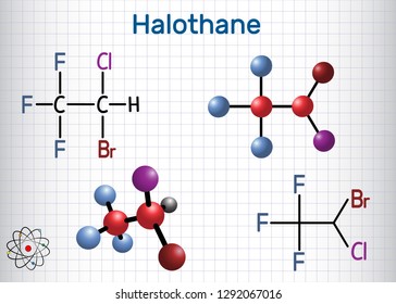 Halothane general anesthetic drug molecule. Structural chemical formula and molecule model. Sheet of paper in a cage. Vector illustration