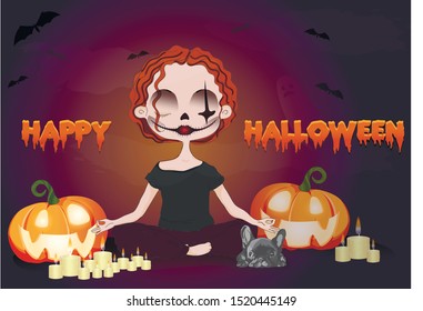 Haloween background banner. Haloween party sign vector cover illustration. A girl sitting in lotus position next to a small dog american bulldog with pumpkins and candles