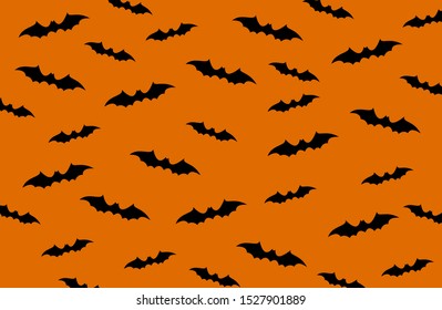 Haloween background with black bats on oragne. Haloween party card background template. black flying bats.