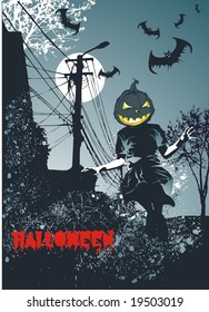 haloween concept ,kid with scary pumpkin head jumping under the light of the moon surrounded by bats