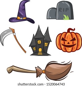 Haloween Illustration Pack: Pumpkin, Grave, Castle, Witch Hat, Scythe, Flying Broom