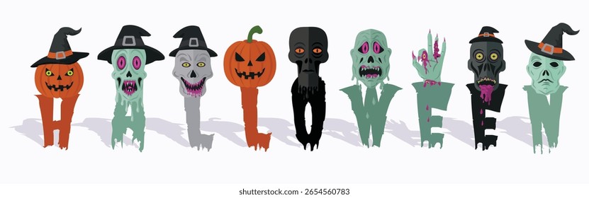 HALOWEEN lettering com Spooky Trendy Weird Zombie Heads, Cabeças de Bruxas, Crânios, Abóboras Assustadoras e Monster Hand no tema de Halloween. Adequado para convites de festa, decoração ou desenhos sazonais. Vetor .