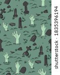 Haloween party horror seamless pattern. Spooky Dead monster hand out of grave on cementary, zombie silhouette illustration.  Scary trick or treat background. Night fear art green colors