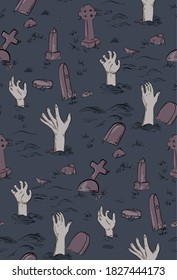 Haloween party horror seamless pattern. Spooky Dead monster hand out of grave on cementary, zombie silhouette illustration.  Scary trick or treat background. Night fear art