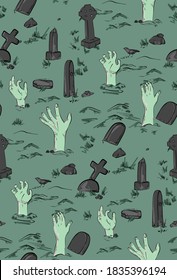 Haloween party horror seamless pattern. Spooky Dead monster hand out of grave on cementary, zombie silhouette illustration.  Scary trick or treat background. Night fear art green colors