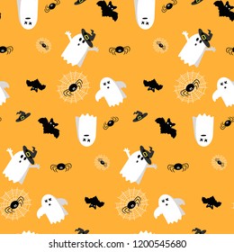 Haloween pattern on orange bakground:  spider, bat, witch hat, ghosts