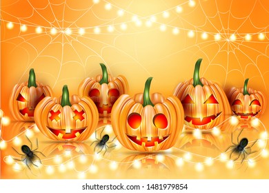 Haloween realistic illustration design with pumpkins with creepy cut out faces, spiders, and haning lights garland on orange background. Vector illustration.