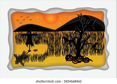 haloween scene in the suneset with the black and orange color about tree, grass, scrarecrow, crow and pumpkins.