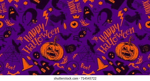 Haloween Seamless Pattern in cartoon style. Black sketches characters. Grave, ghost, pumpkin, cat, bat, castle holiday doodles. Hand drawn vector illustration. Horror background.