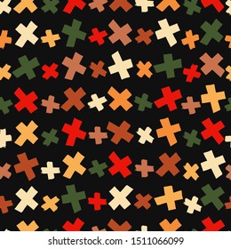Haloween seamless pattern with cross in autumn colors. Hand drawn abstract objects. Graphic background for textile print, wrapping paper, wallpaper, web, cards.