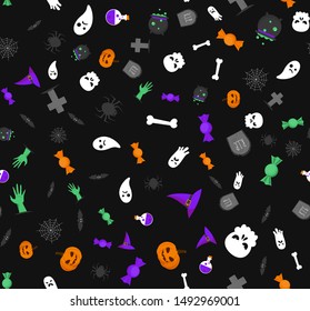 Haloween seamless pattern on black vector isolated. Horror october holiday, background decoration. Monster and orange pumpkin, ghost and spooky bat.
