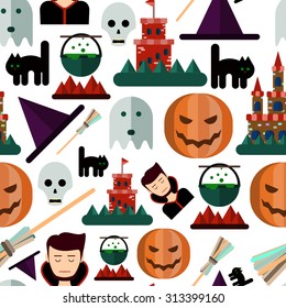 Haloween seamless pattern with pumpkin, skull, ghost, witch hat, locking and so on. Stock vector.