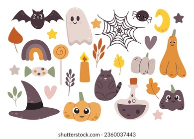 HALOWEEN SET ,VECTOR ILLUSTRATION IN DOODLE STYLE, CARTOON CUTE ELEMENTS, PUMPKINS, CAT, BAT , LEAFS HEARTS AND OTHER OBJECTS FOR DESIGNS.