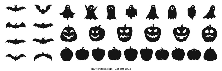 Haloween silhouettes collection. Haloween celebration concept icons. Ghost, pumpkin and bat icons. Silhouette style vector icons. 