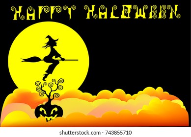 haloween witch silhouette pumpkin cloud moon yellow orange black
