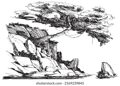 Halt of fishermen on the river bank at a branch tree. Black-and-white drawing. Engraving. Landscape.
