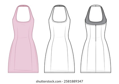 Halter Bodycon Mini Dress Technical Fashion Illustration. Fitted Sleeveless Dress Vector Template. Front and Back View. Scoop Neckline. Open Back. Stretch Fabric. Women’s Apparel. CAD Mockup Set.