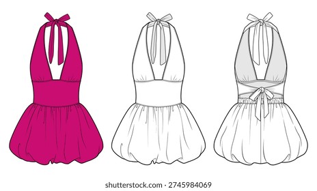 Halter Bubble Romper technical fashion illustration. halter dress vector template illustration. front and back view. tie back neck. gathered bubble hem. women's aesthetic. white color. CAD mockup.