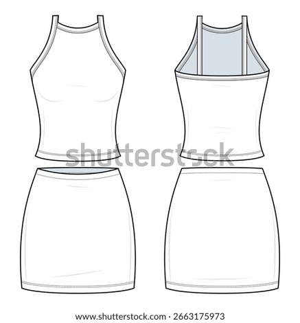 Halter Crop Top and Skirt Set Technical Fashion Illustration. Matching Two-Piece Set Vector Template. Front and Back View. White Color. CAD Mockup Set.