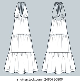 Halter Dress technical fashion illustration. Tiered Maxi Dress fashion flat technical drawing template,  front and back view, white, women Dress CAD mockup.