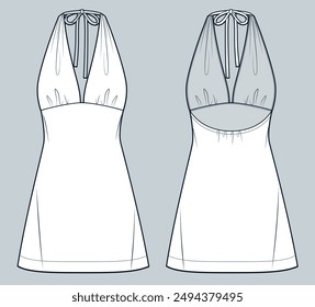 Halter Dress technical fashion Illustration. Mini Dress fashion flat technical drawing template, draping, tie knot, front and back view, white, women Dress CAD mockup.