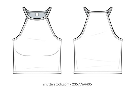 Halter flat technical fashion illustration. Halter top fashion flat technical drawing template, Crop Top, front view, back view, white color, women, CAD mockup