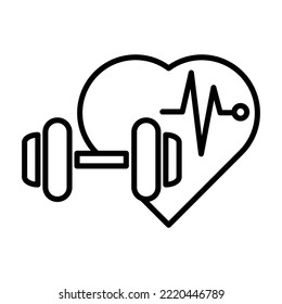 Halter and Heartbeat Icon Design. Dumbbells for sports hall, Fitness, Health, diet and activity icons. Black line design on a white background.