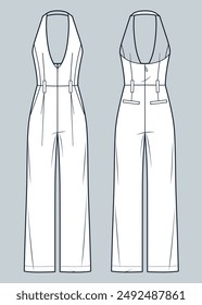 Halter Jumpsuit technical fashion Illustration. Open Back Jumpsuit fashion flat technical drawing template, plunging neck, pockets, side zipper, front, back view, white, women, men, unisex CAD mockup.