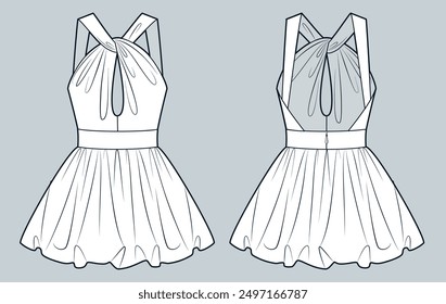 Halter Mini Kleid technische Mode Illustration. Ballon Kleid Mode flache technische Zeichnung Vorlage, Reißverschluss hinten, drapiert, Vorder-und Rückansicht, weiße Farbe, Frauen Kleid CAD mockup.