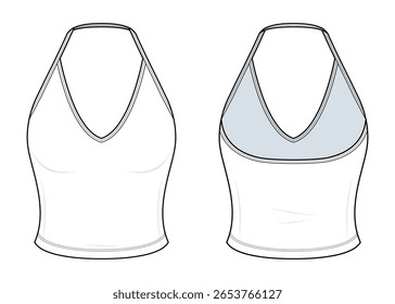Halter Neck Crop Top Technical Fashion Illustration. Sleeveless Fitted Tank Top Vector Template. Front and Back View. V-Neckline. Casual wear. White Color. CAD Mockup.