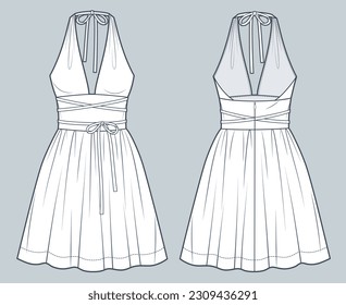 Halter Neck Dress technical fashion Illustration. Mini Dress fashion flat technical drawing template, draping, tie knot, zip-up, front and back view, white, women CAD mockup.