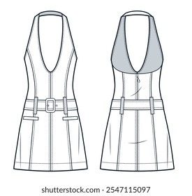 Halter Neck Dress technical fashion Illustration. Denim mini Dress fashion flat technical drawing template, low neck, back zipper, pockets, front and back view, white, women Dress CAD mockup.