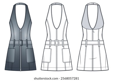 Halter Neck Dress technical fashion Illustration. Denim mini Dress fashion flat technical drawing template, low neck, zipper, pockets, front, back view, white, grey, women, girls Dress CAD mockup set.