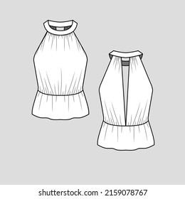 Halter Neck Fashion top waist gathering detail cad mock up flat sketch technical drawing template design vector