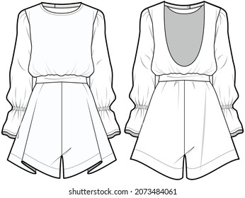 Halter Neck Poet Sleeve Playsuit Dress Front and Back View. fashion illustration vector, CAD, technical drawing, flat drawing.