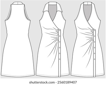 HALTER NECK SHORT LENGTH DRESS WITH ASYMMETRIC BUTTONED DETAIL DESIGNED FOR YOUNG WOMEN AND WOMEN IN VECTOR FILE