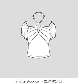 Halter Neck top  neck knife pleat detail gathering Sleeve frill detail fashion t shirt top blouse flat sketch technical drawing template design vector