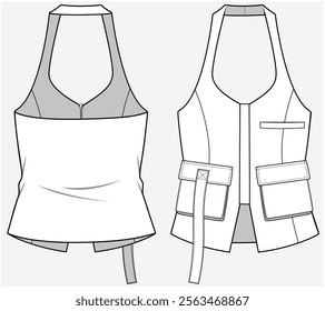 HALTER NECK VEST WITH UTILITY DETAIL DESIGNED FOR WOMEN YOUNG WOMEN AND TEEN GIRLS IN VECTOR FILE