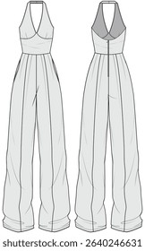 Halter Neck Wide Leg Jumpsuit  Front and Back View. Fashion Flat Sketch Vector Illustration, CAD, Technical Drawing, Flat Drawing, Template, Mockup.