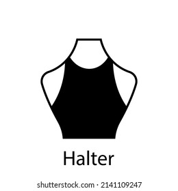 Halter Neckline Type for Women T-Shirt, Blouse, Dress Silhouette Icon Collection. Black Apparel on Dummy with Halter Neckline Type. Trend Woman Halter Type of Neckline. Isolated Vector Illustration.