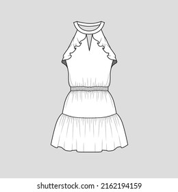 Halter sleeveless Waist Smocked Dress Halter neck ruffles waist smocked gathering ruffles Peplum dresses fashion clothing flat sketches technical drawing template design vector