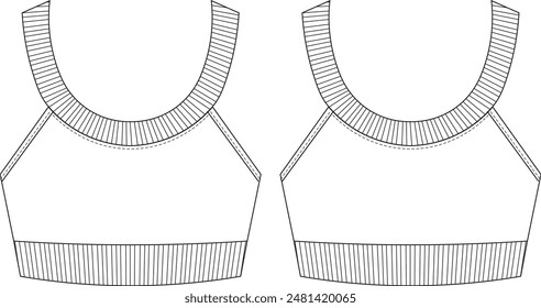 halter strap round scoop neck sleeveless ribbes crop blouse template technical drawing flat sketch cad mockup fashion woman design style model