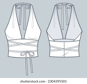 Ilustración de moda técnica de Halter Top. Plantilla de dibujo técnico plano de la moda de la parte superior, con cubierta, ajuste delgado, cremallera, vista frontal y posterior, blanco, maquillaje CAD femenino.