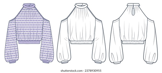 Halter Top technical fashion Illustration. Balloon sleeve Top, Shirt fashion flat technical drawing template, roll neck, cold shoulder, front, back view, white, purple pattern, women CAD mockup set.