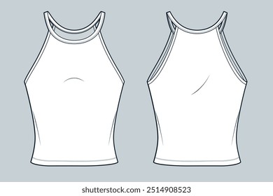 Halter Top technical fashion illustration. Slim Fit Top fashion flat technical drawing template, crew neck, sleeveless, front and back view, white, women, men, unisex CAD mockup set.